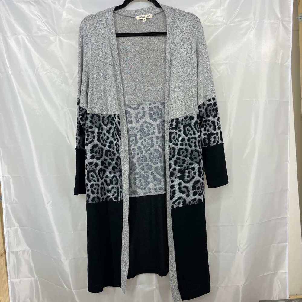 Indigo Soul Size S Cardigan Grey Leopard Colorblock Oversized Lightweight Women